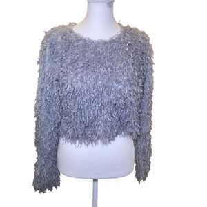 Zara Fuzzy Crop Top Long‎ Sleeve Sweater Shaggy Pullover Lightweight Blue/Gray